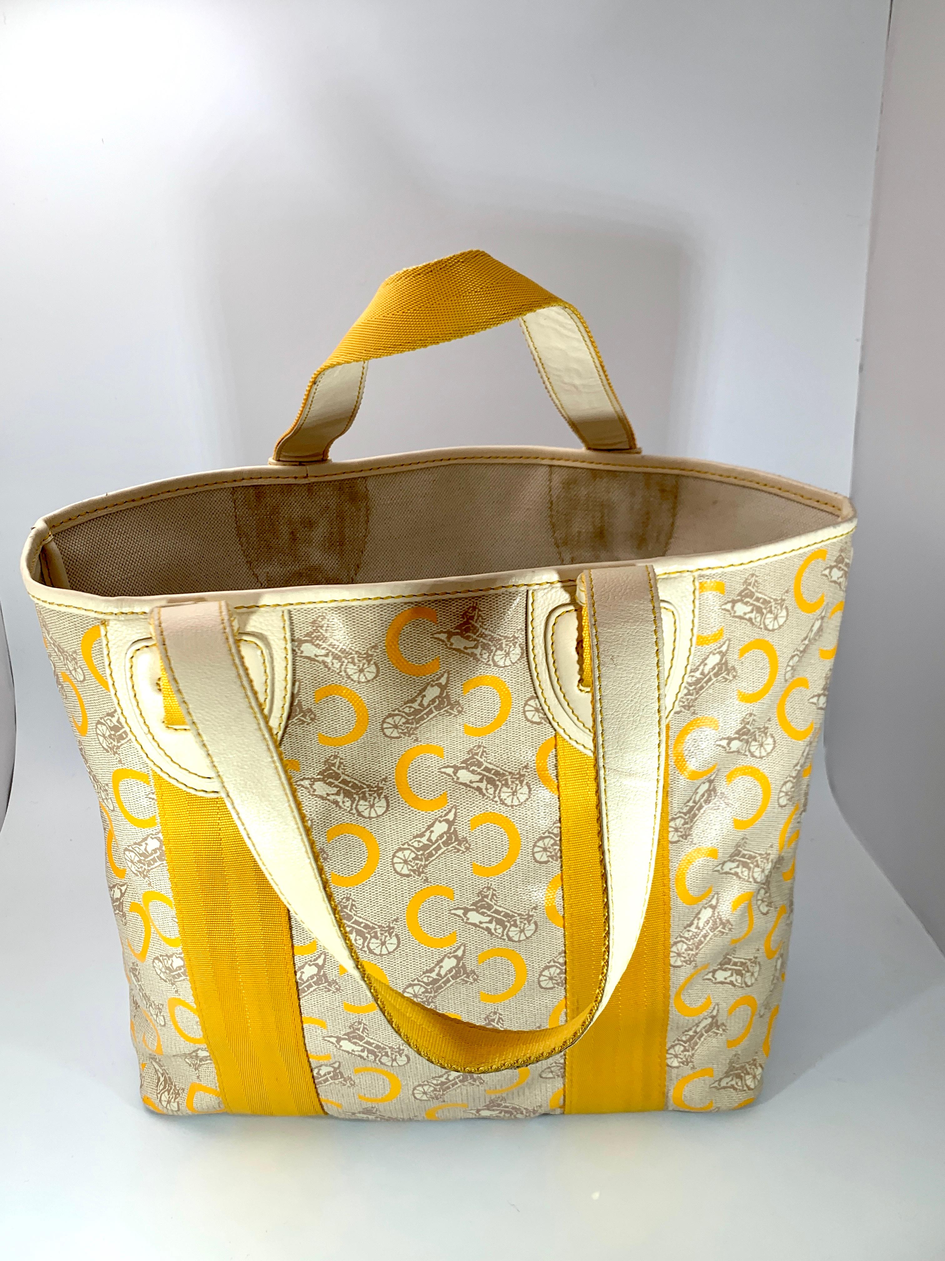 Pre-Loved Celine Yellow  Beige  Canvas Coated PVC Plastic Macadam Tote Bag  For Sale 2