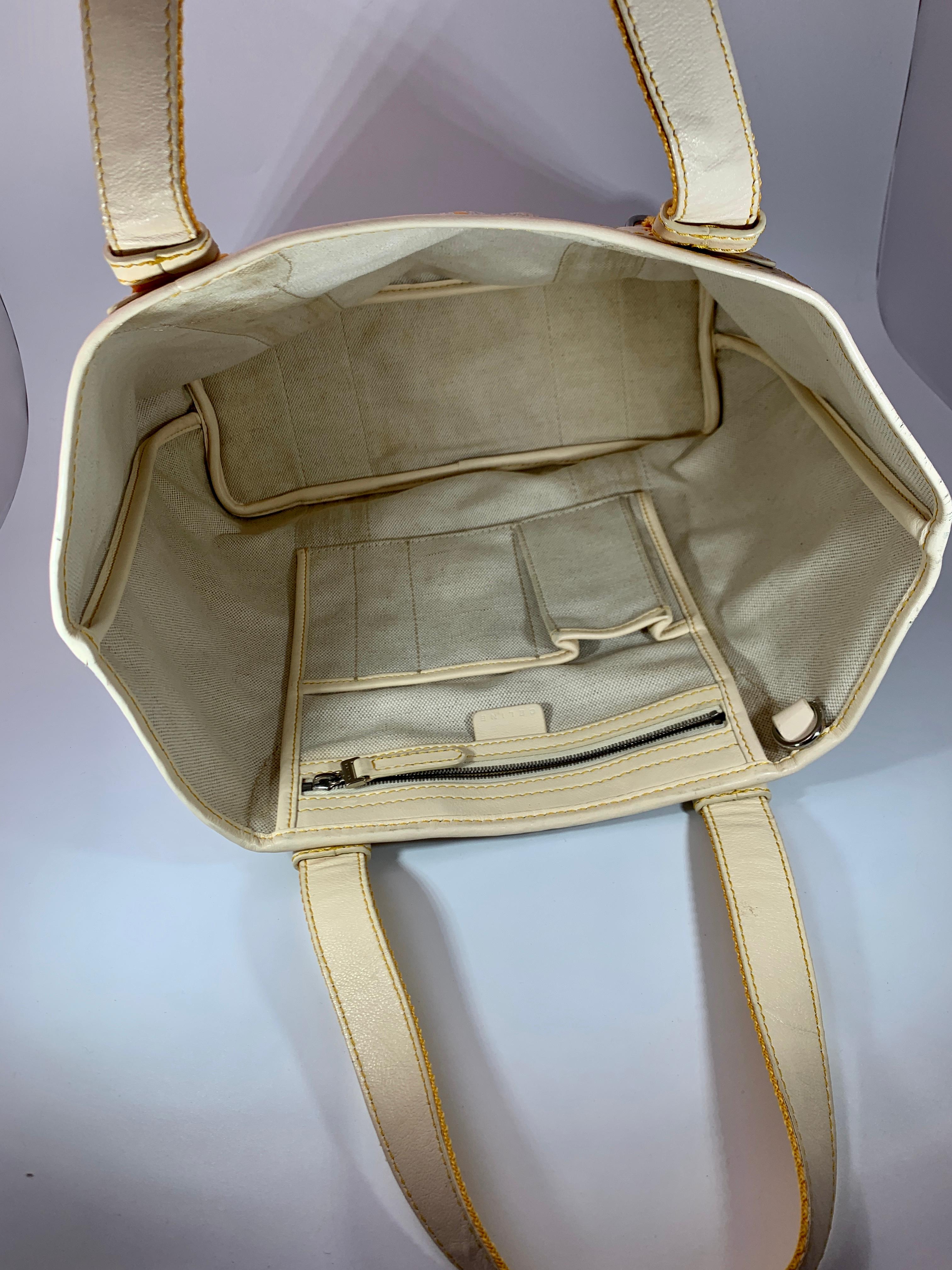 Pre-Loved Celine Yellow  Beige  Canvas Coated PVC Plastic Macadam Tote Bag  In Excellent Condition For Sale In New York, NY