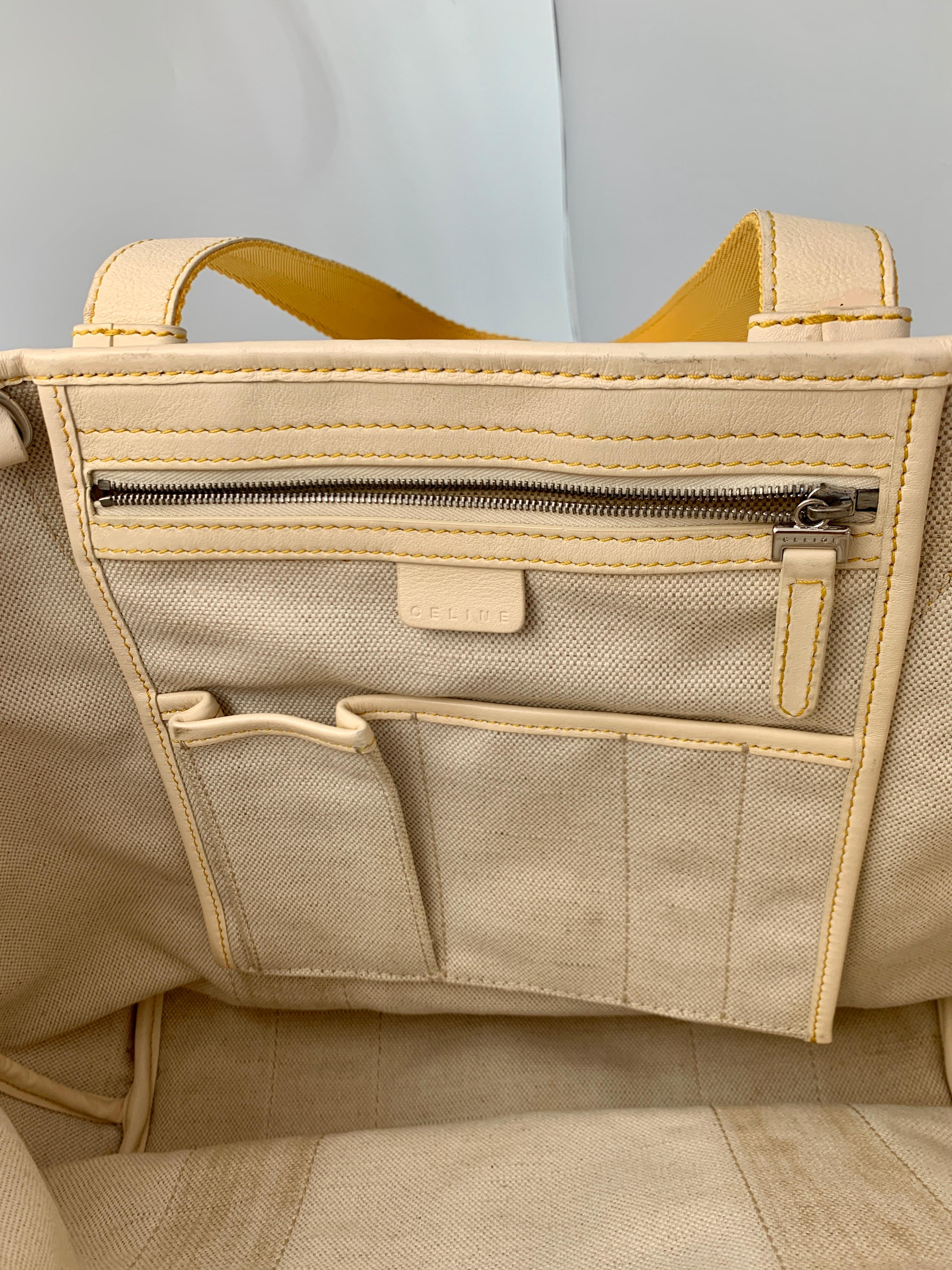 Women's Pre-Loved Celine Yellow  Beige  Canvas Coated PVC Plastic Macadam Tote Bag  For Sale
