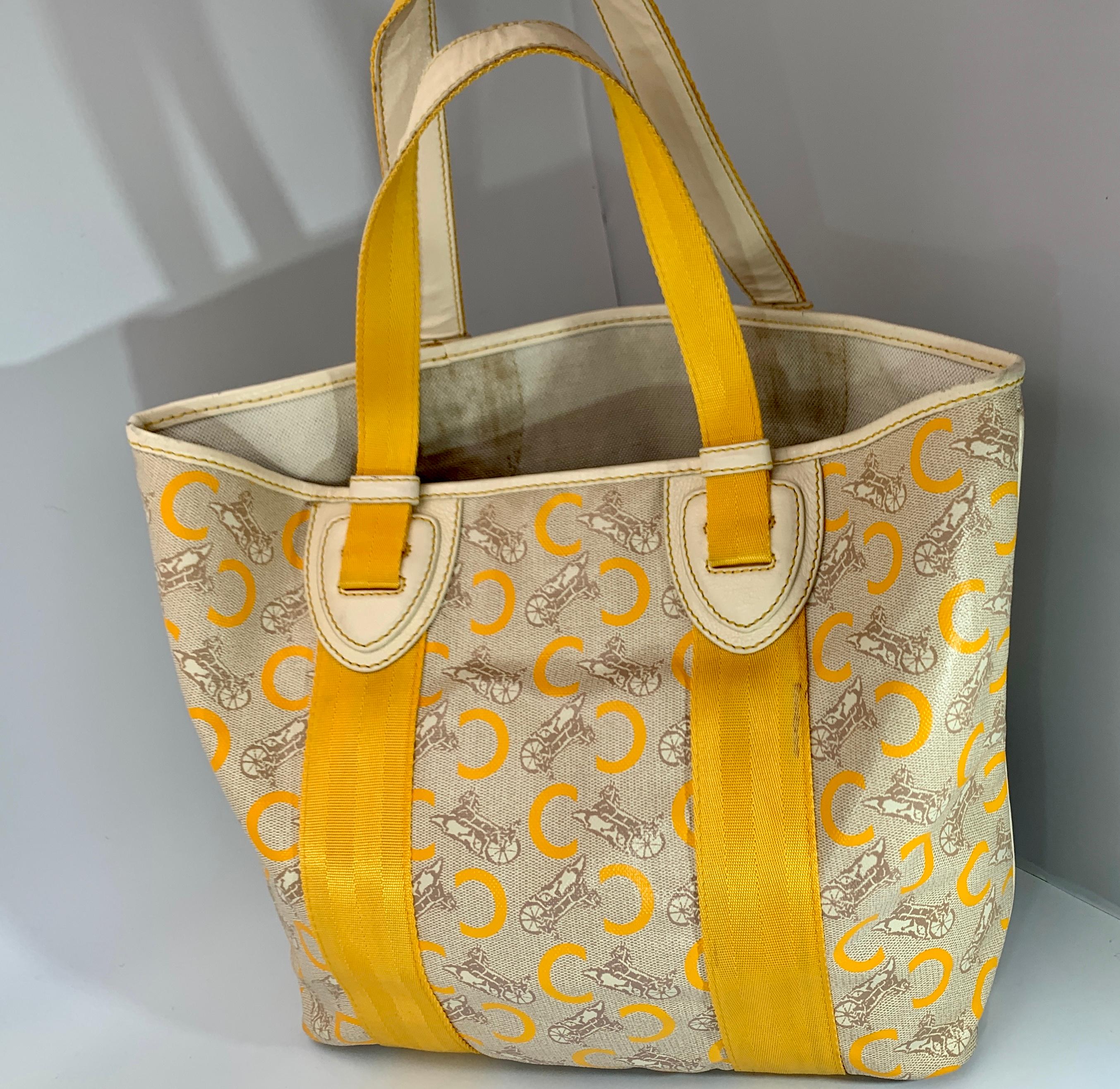 Pre-Loved Celine Yellow  Beige  Canvas Coated PVC Plastic Macadam Tote Bag  For Sale 1