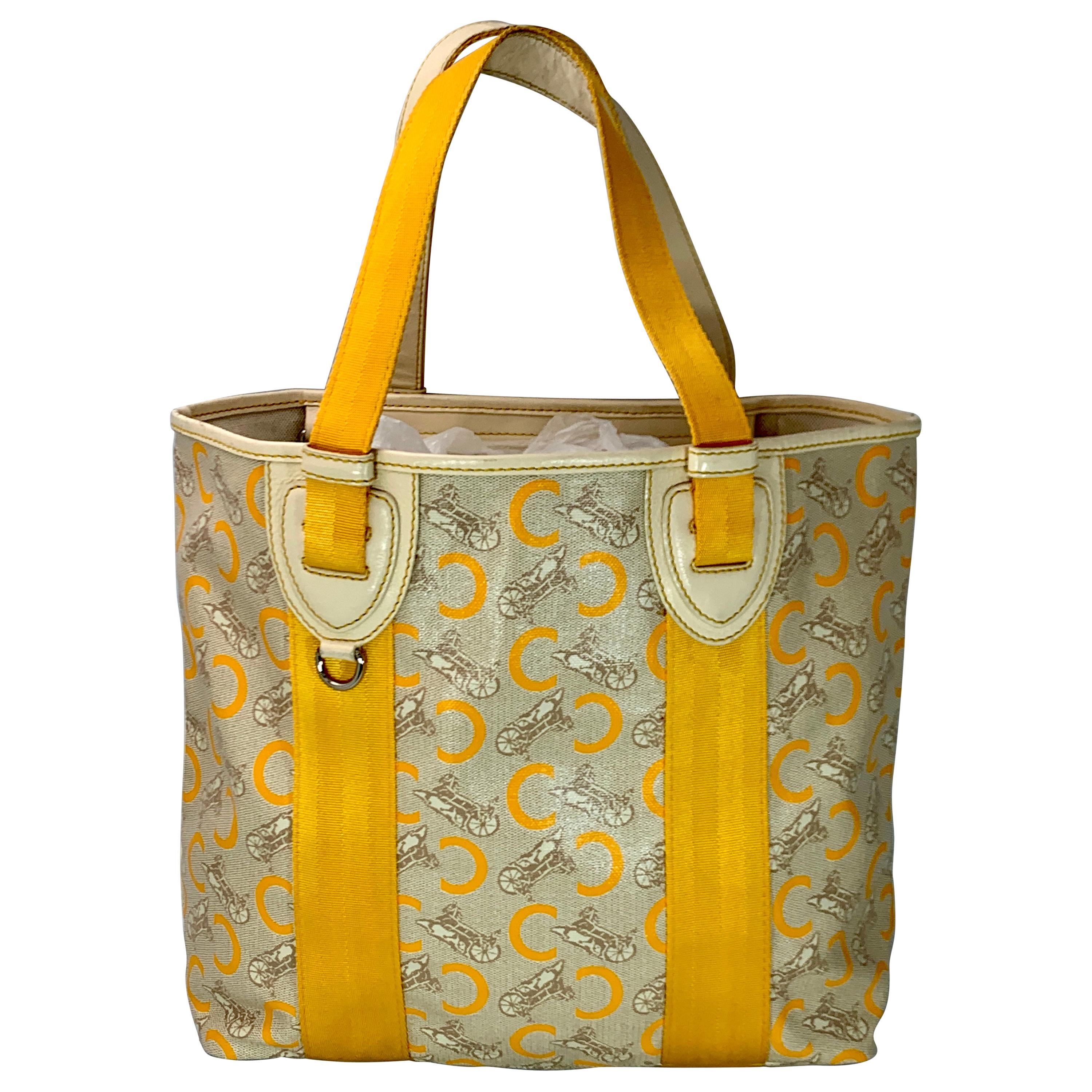Pre-Loved Celine Yellow  Beige  Canvas Coated PVC Plastic Macadam Tote Bag 