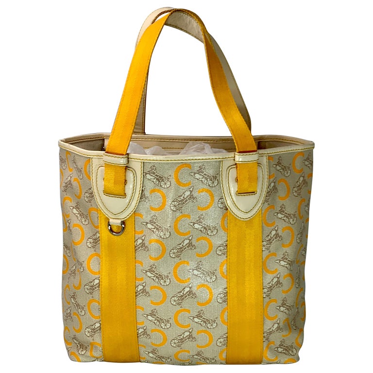 Celine giallo usato Beige Borsa Tote in tela rivestita in plastica