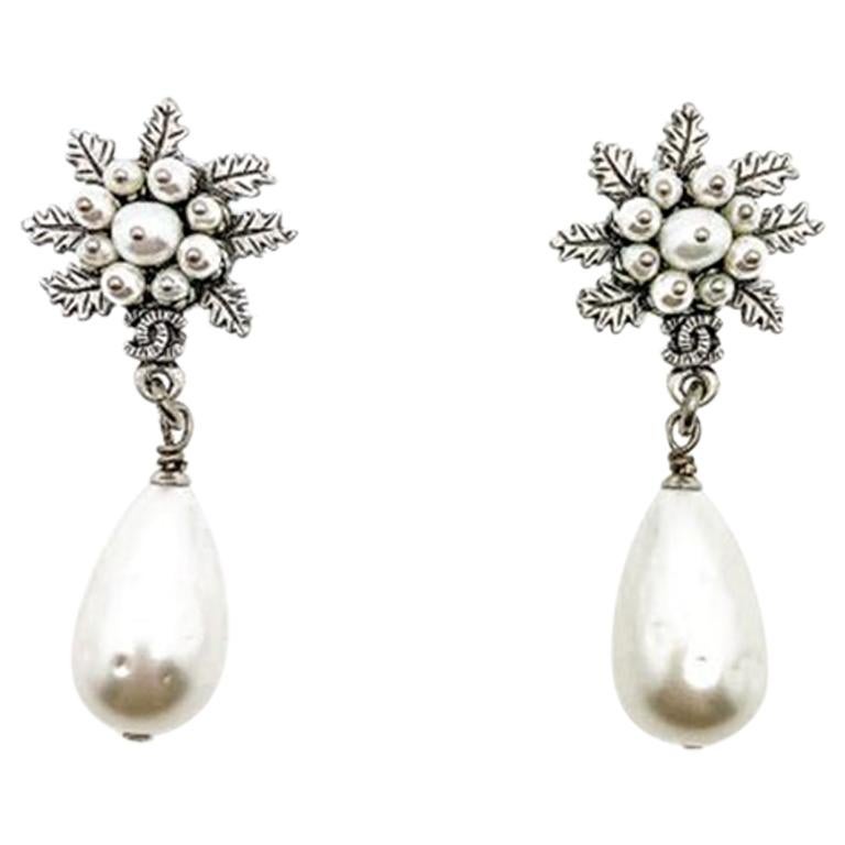 Chanel Antiqued Silver and Pearl Bomb Logo Earrings Fall 2015 Collection  For Sale at 1stDibs