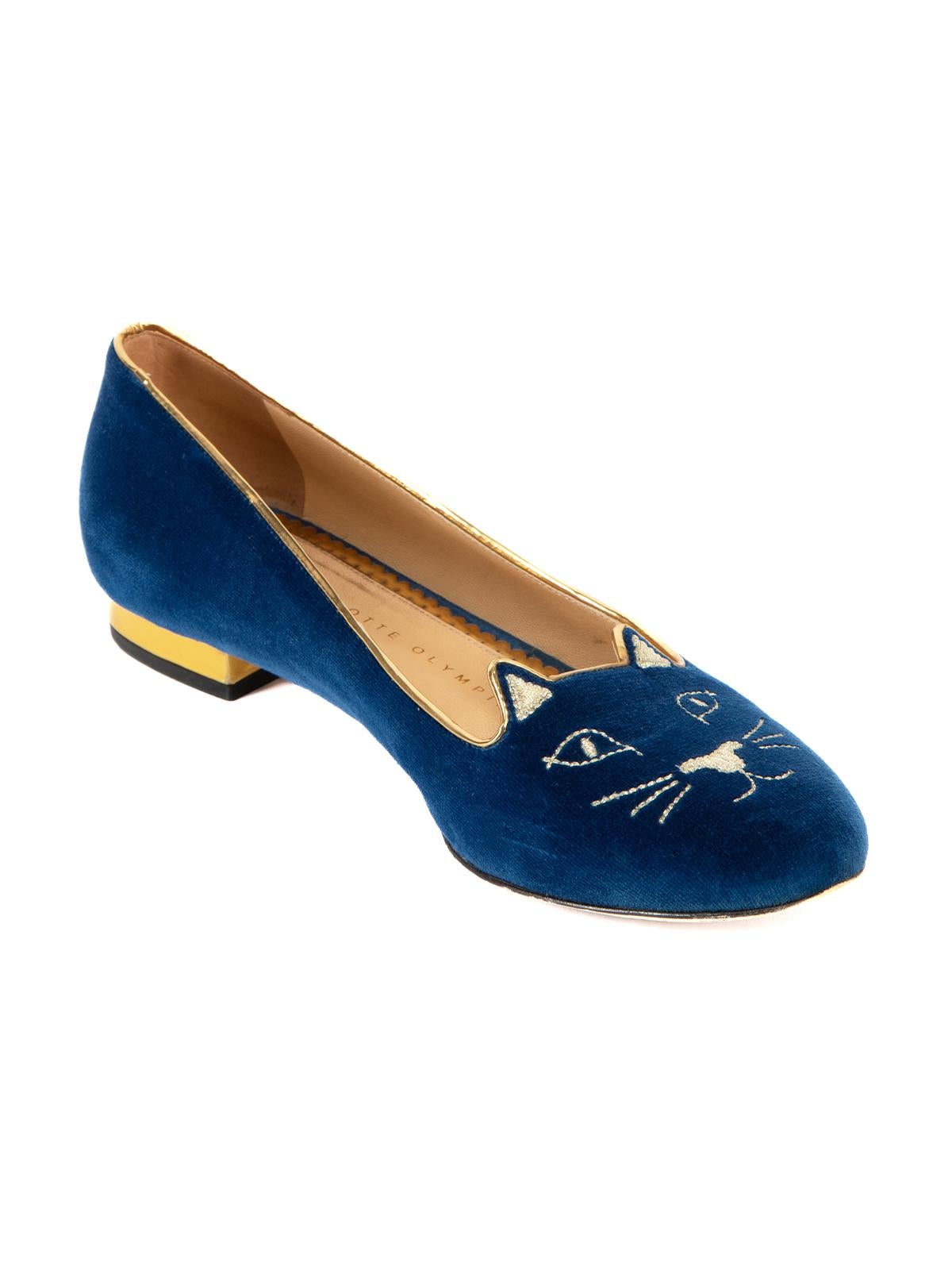 CONDITION is Very good. Minimal wear to flats is evident. Minimal wear to velvet exterior and gold material on the heel where some llight scuffs can be seen on this used Charlotte Olympa designer resale item. Details Blue Velvet Round toe Cat face