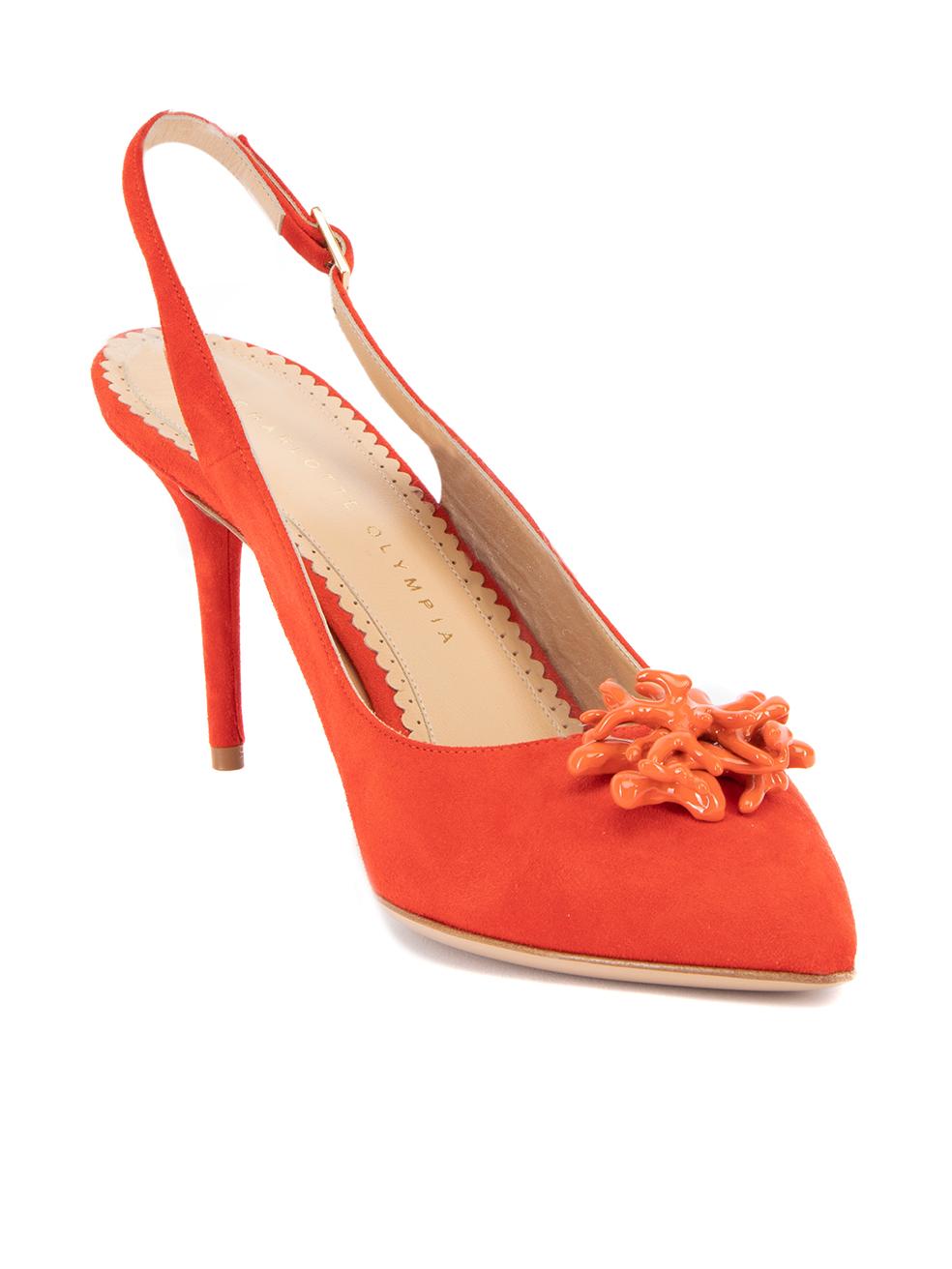 CONDITION is Very good. Hardly any visible wear to heels is evident on this used Charlotte Olympia designer resale item. Details Red Suede Slingback heels Pointed toe Coral embellishment on cap toe High heel Ankle strap closure Made in Italy