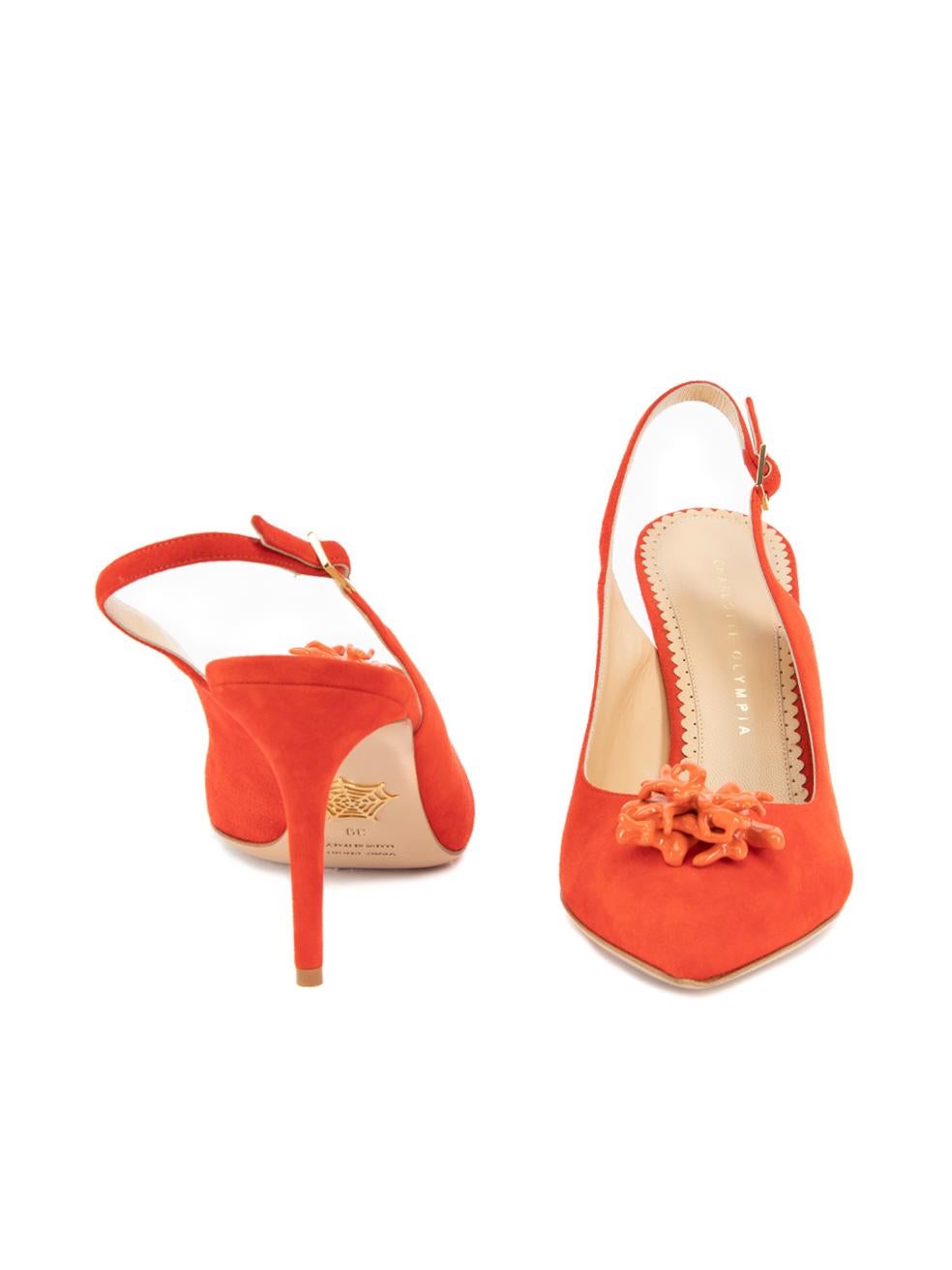 Pre-Loved Charlotte Olympia Women's Red Suede Slingback Heels with Coral Detail In Excellent Condition In London, GB