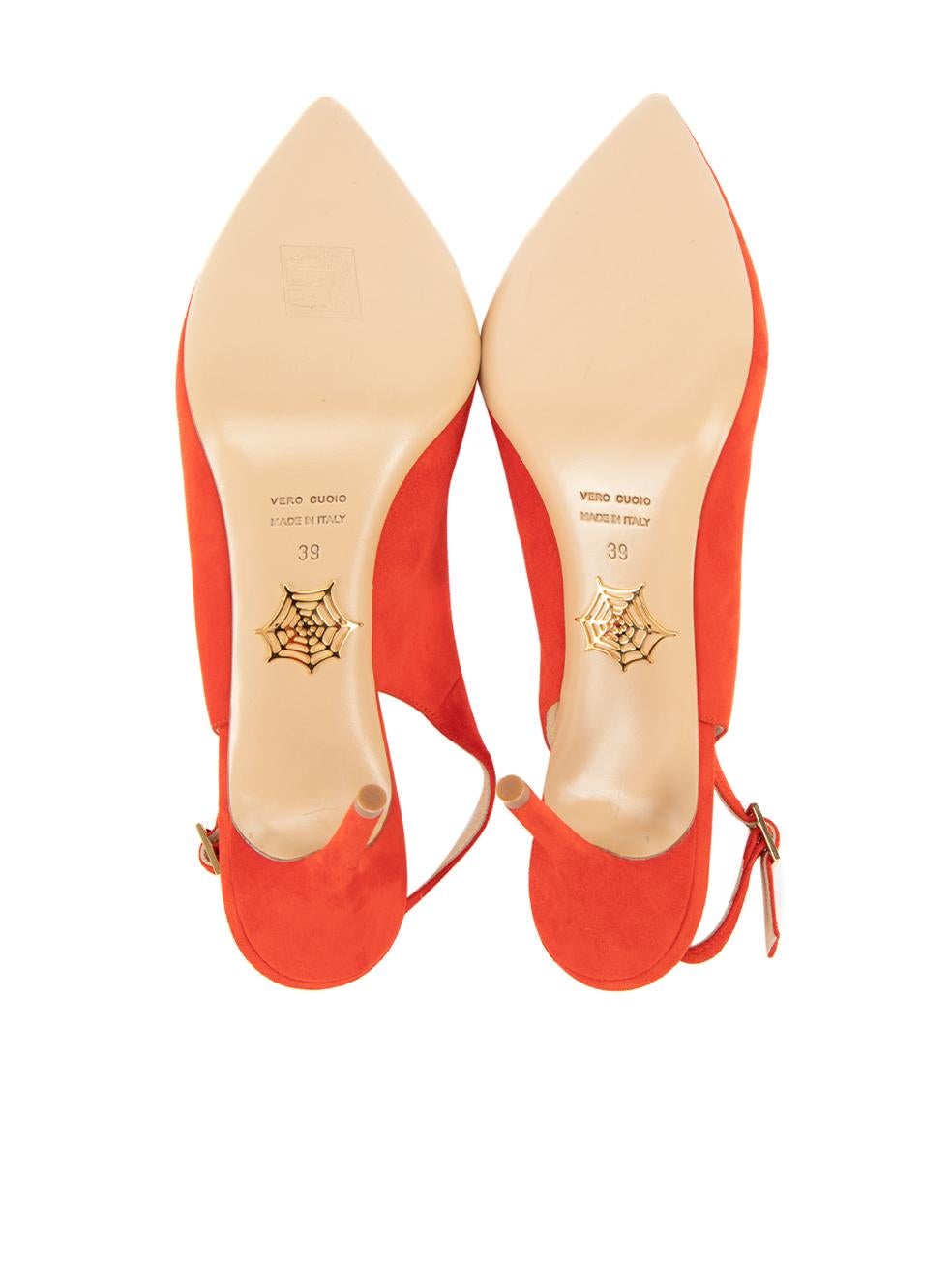 Pre-Loved Charlotte Olympia Women's Red Suede Slingback Heels with Coral Detail 1