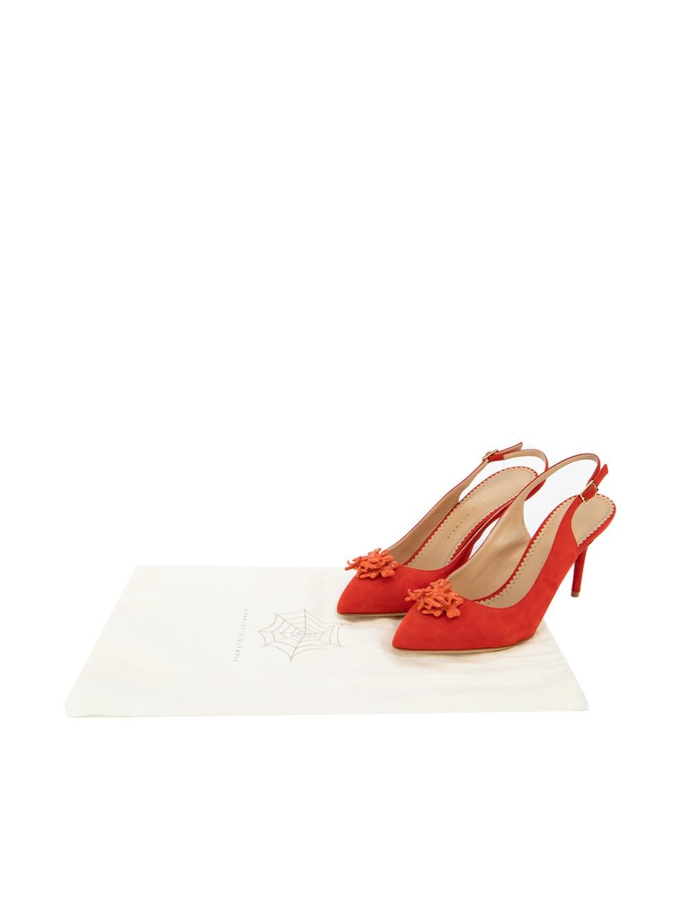 Pre-Loved Charlotte Olympia Women's Red Suede Slingback Heels with Coral Detail 2