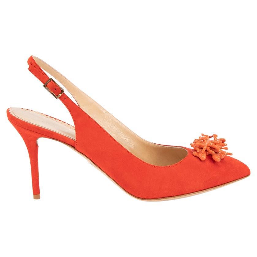 Pre-Loved Charlotte Olympia Women's Red Suede Slingback Heels with Coral Detail