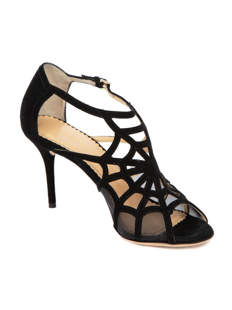 CONDITION is Very good. Minimal wear to heel is evident. Minimal wear to outsole and suede toe on this used Charlotte Olympia designer resale item. Details Black Suede Spider web strap design Gold tone buckled ankle strap Mesh sides Mid heel Peep