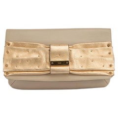 Pre-Loved Chloé Women's Beige Leather Gold Bow Detail Clutch Bag