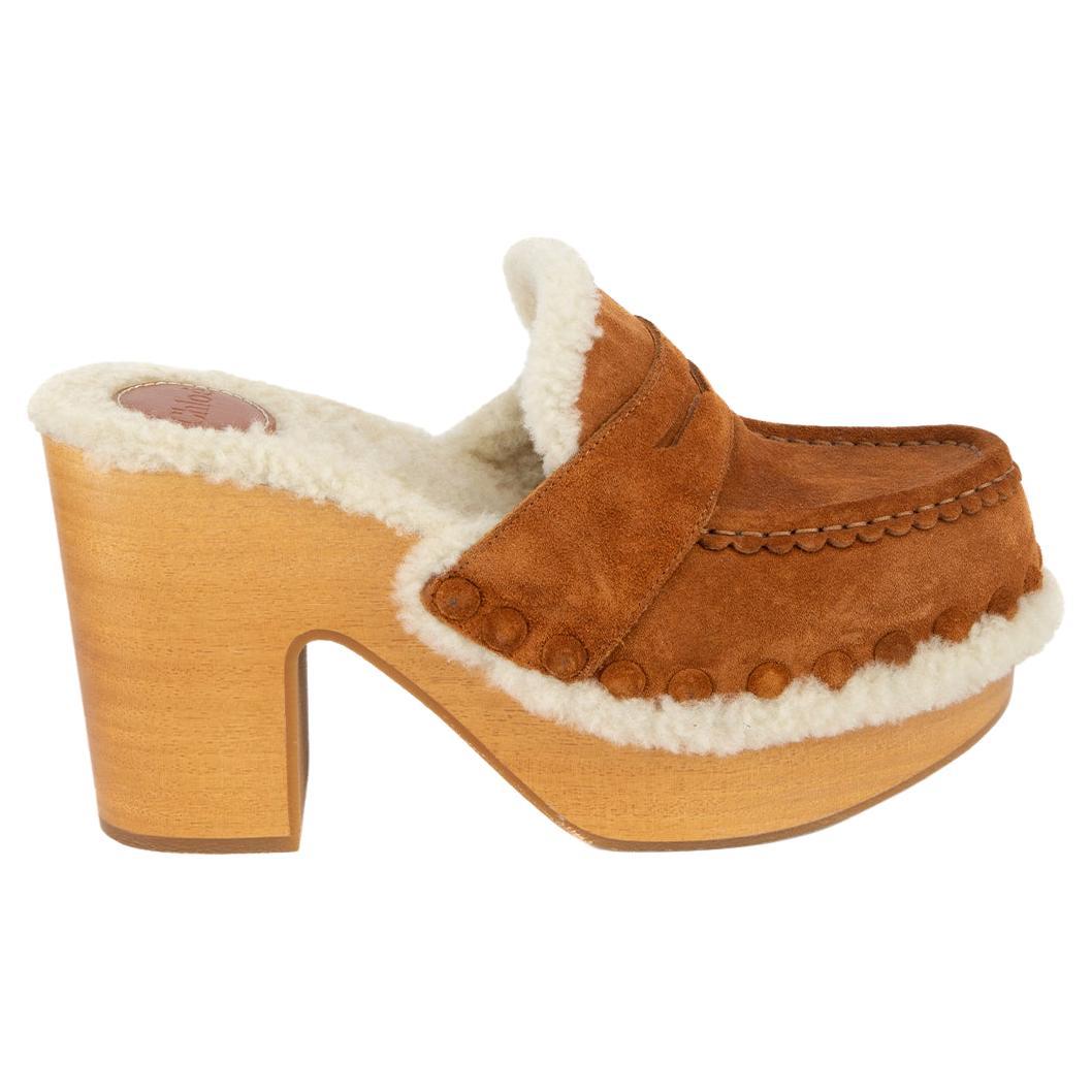 Pre-Loved Chloé Women
s Brown Joy Shearling-Lined Suede Clogs