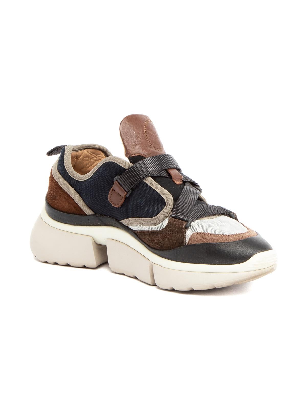 CONDITION is Very good. Minimal wear to sneakers is evident. Minimal wear to midsole and toe of right sneaker on this used Chloe designer resale item. Details Multicolor Chunky sneaker Multi fabric Strap fastening Almond toe Made in Italy