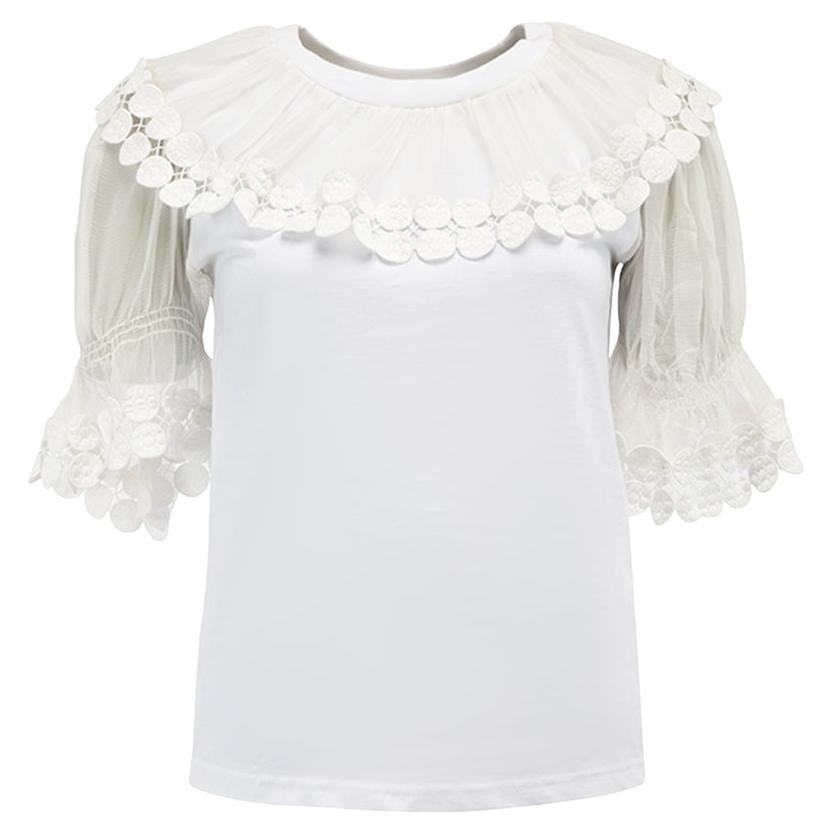 Chloe Off White Printed Silk Lace Insert Ruffled Kaftan Top L at 1stDibs