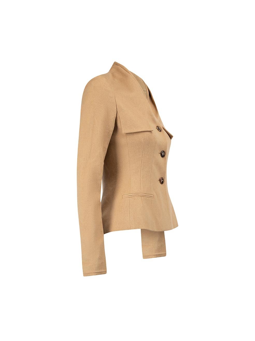 CONDITION is Very good. Hardly any visible wear to jacket is evident on this used Christian Dior designer resale item. Details Camel Camelhair wool Fitted jacket Single breasted Flap design on chest Front side welt pocket Dior oblique patterned silk
