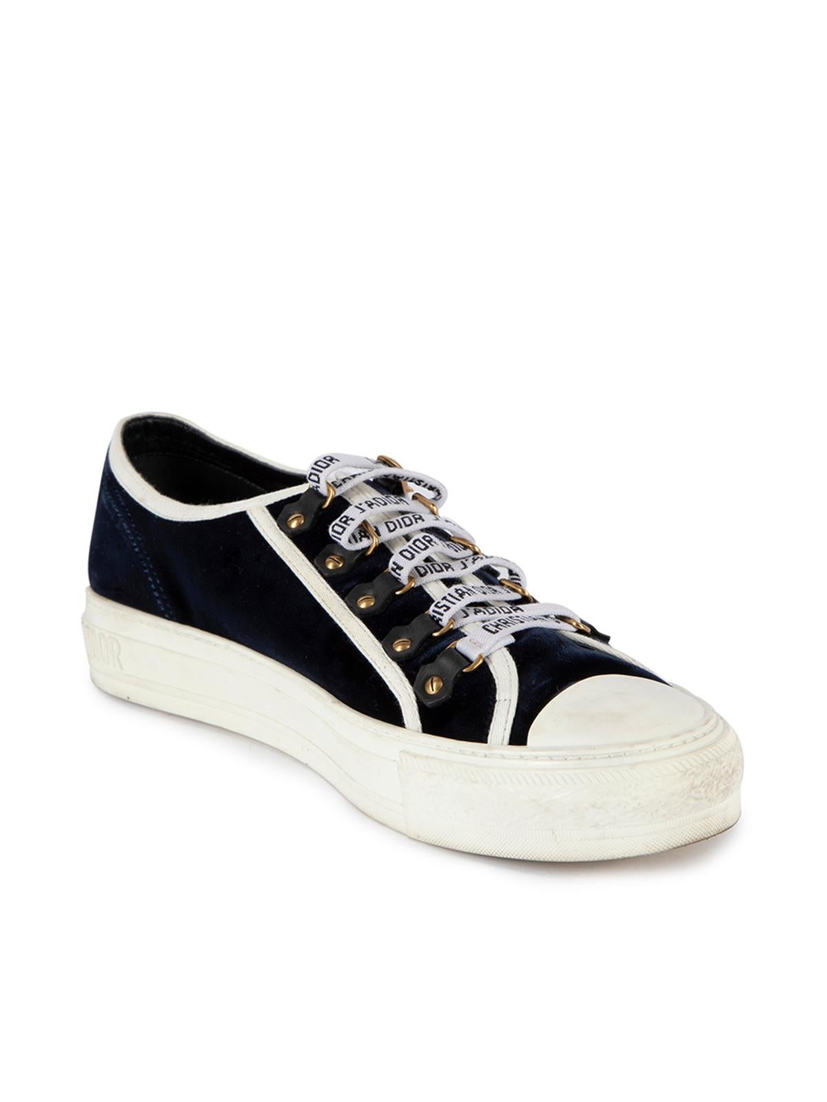 CONDITION is Very good. Minimal wear to trainers is evident. Minimal wear/marks to the toe point and midsole on this used Christian Dior designer resale item. Details Black and white Velvet Lace up Low top leather accents Gold tone hardware Made in
