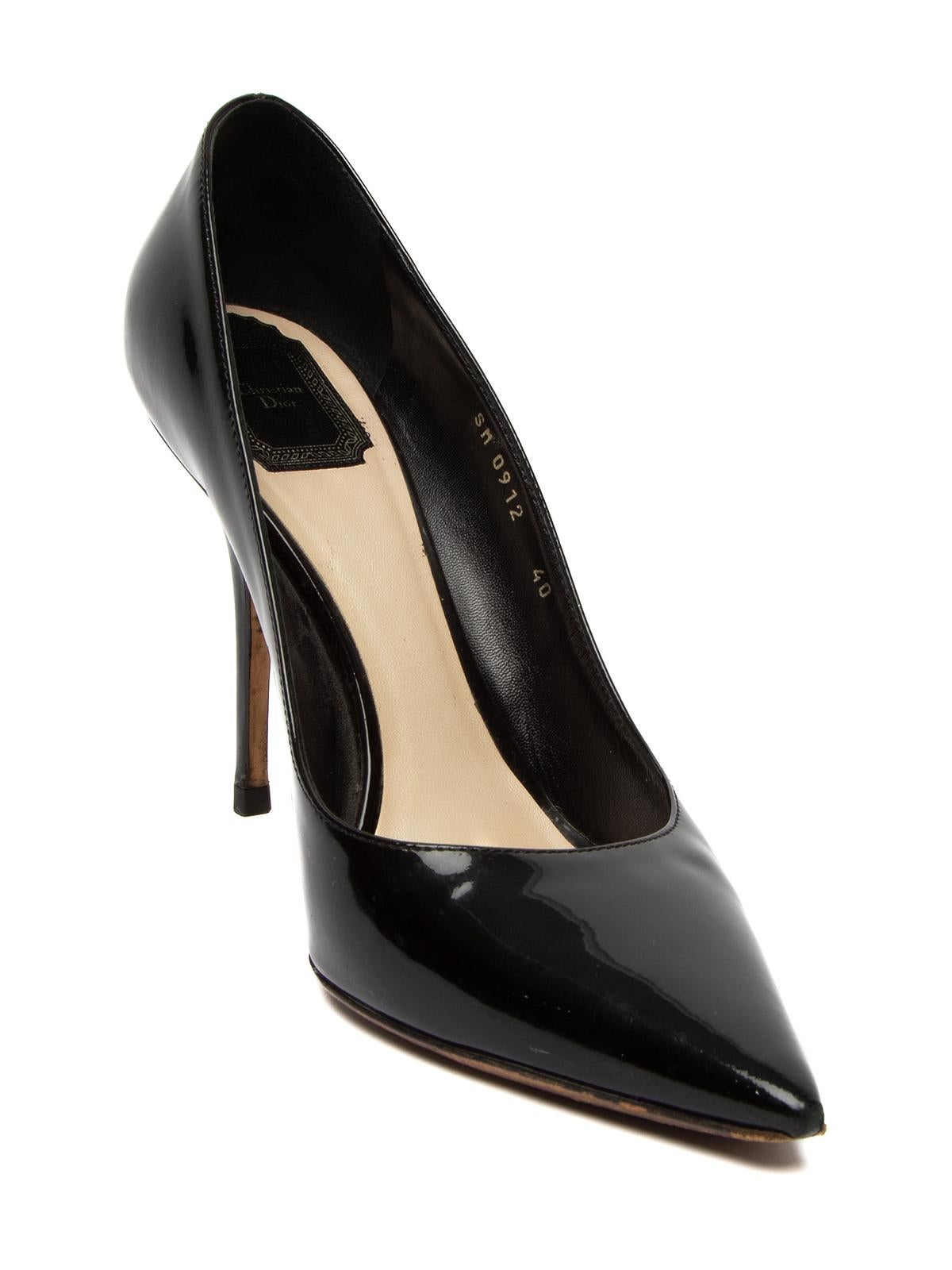 CONDITION is Good. Minor wear to heel is evident. Light wear to point of heel, left heel stem and outsole on this used Christian Dior designer resale item. Details Colour - black Material - patent leather Style- pump Toe style - point-toe Heel style