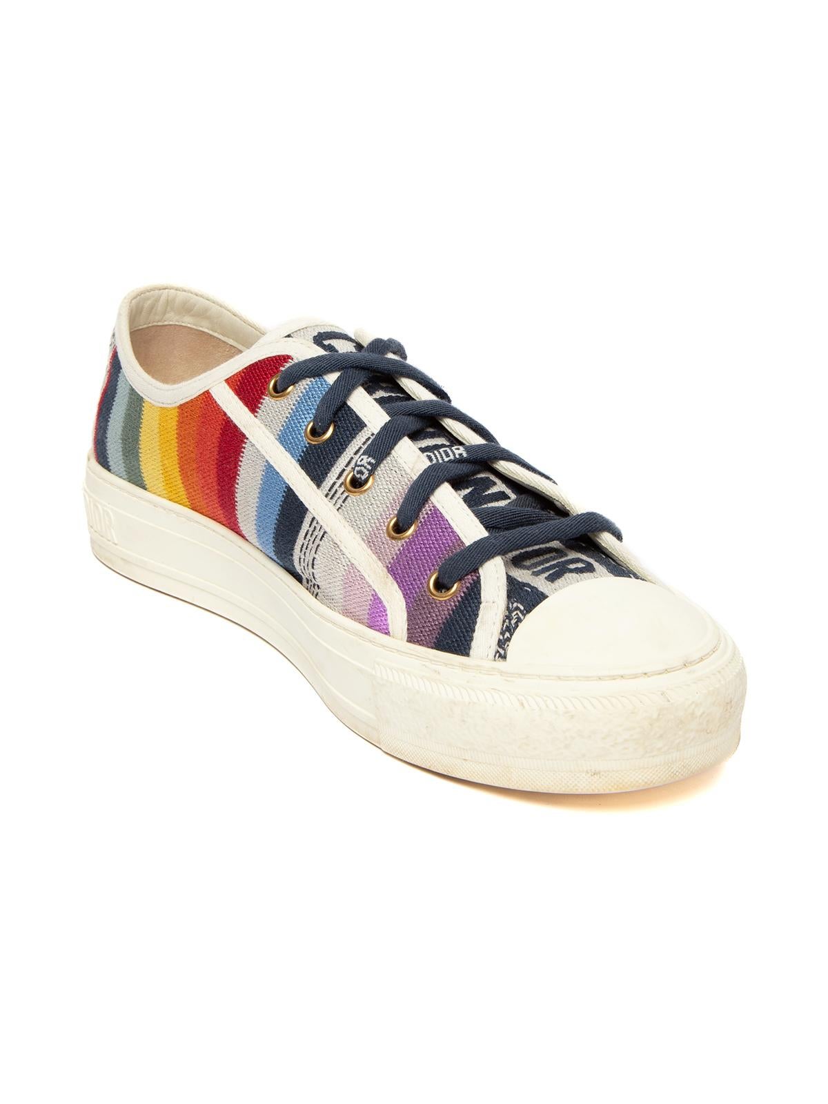 CONDITION is Good. General wear to sneakers is evident. Visible wear to white rubber midsole/toecap (some scuff marks) on on this used Christian Dior designer resale item. Details Walk n Dior Colour - Rainbow stripe with white piping Material -