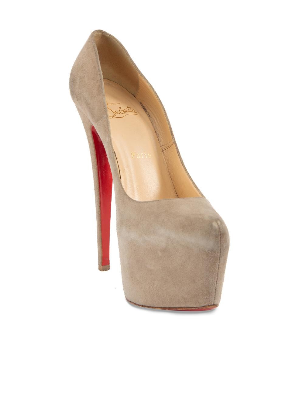 CONDITION is Good. Minor wear to heels is evident. Light wear to the suede exterior which is scuffed and discoloured in some areas. There is also wear to the outsole on this used Christian Louboutin designer resale item. Details Beige Suede Platform