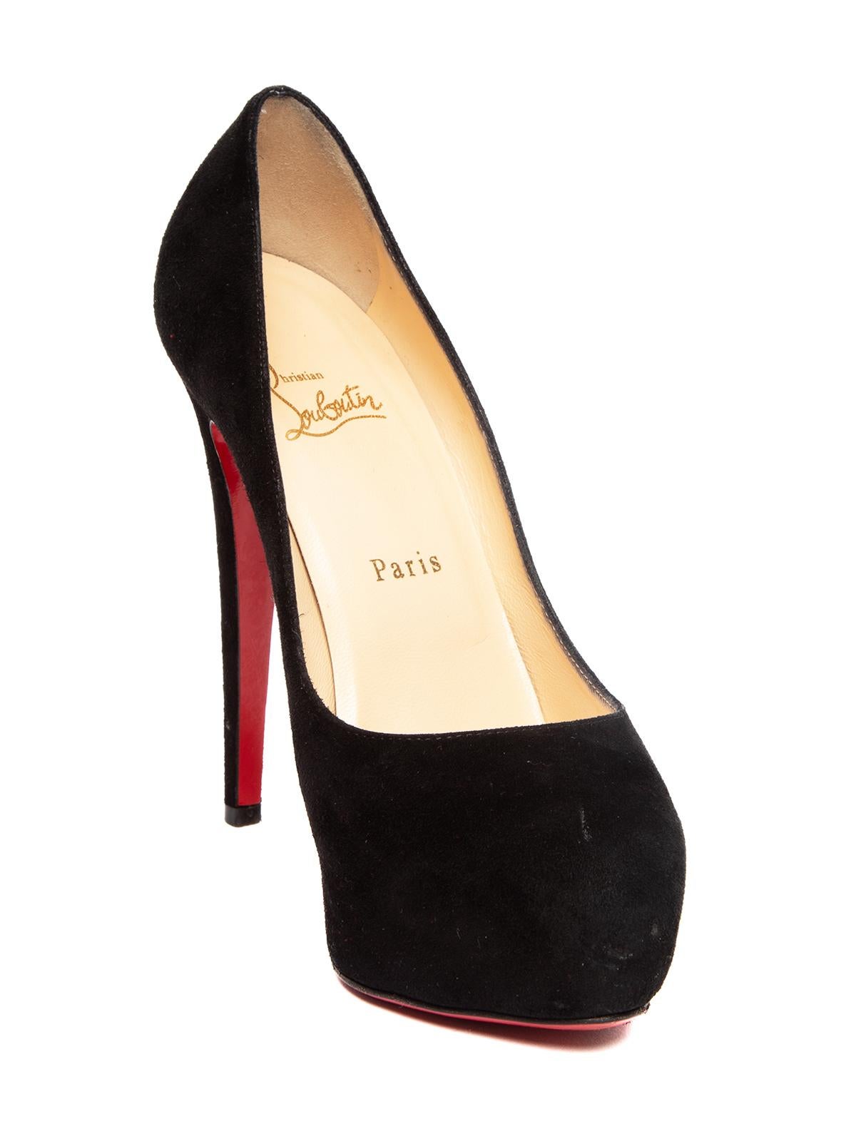 CONDITION is Good. Some wear to shoes is evident. Considerable wear to red outer sole and outer suede around the toes and stiletto heel on this used Christian Louboutin designer resale item. Details Eloise 85 Black Suede Platform Round toe Pump