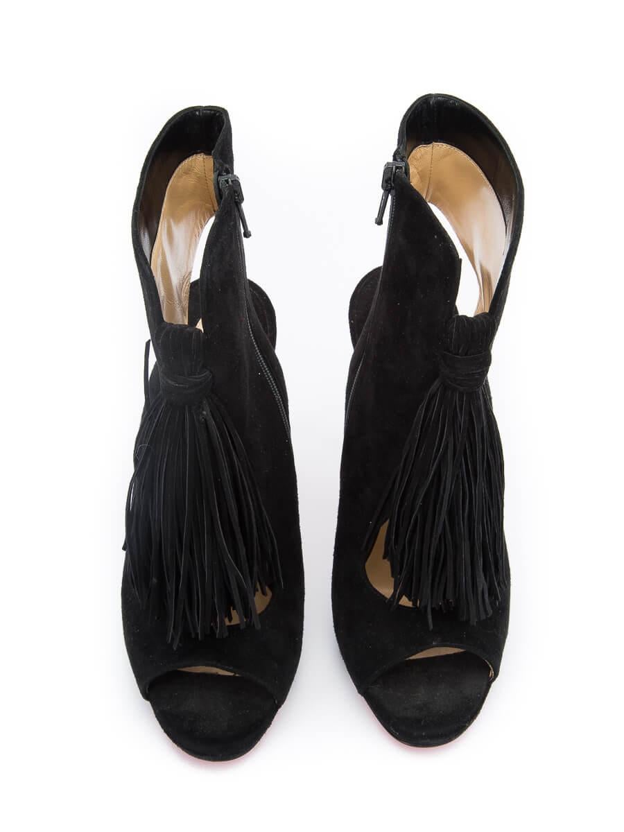 Pre-Loved Christian Louboutin Women's Fringe Peep-Toe Ankle Boots Black Suede In Good Condition In London, GB