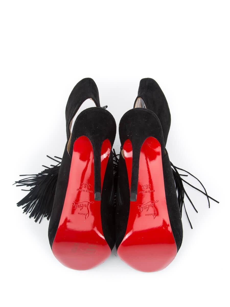 Pre-Loved Christian Louboutin Women's Fringe Peep-Toe Ankle Boots Black Suede 1