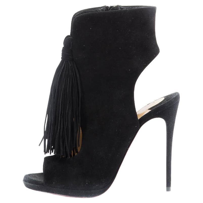 Pre-Loved Christian Louboutin Women's Fringe Peep-Toe Ankle Boots Black Suede