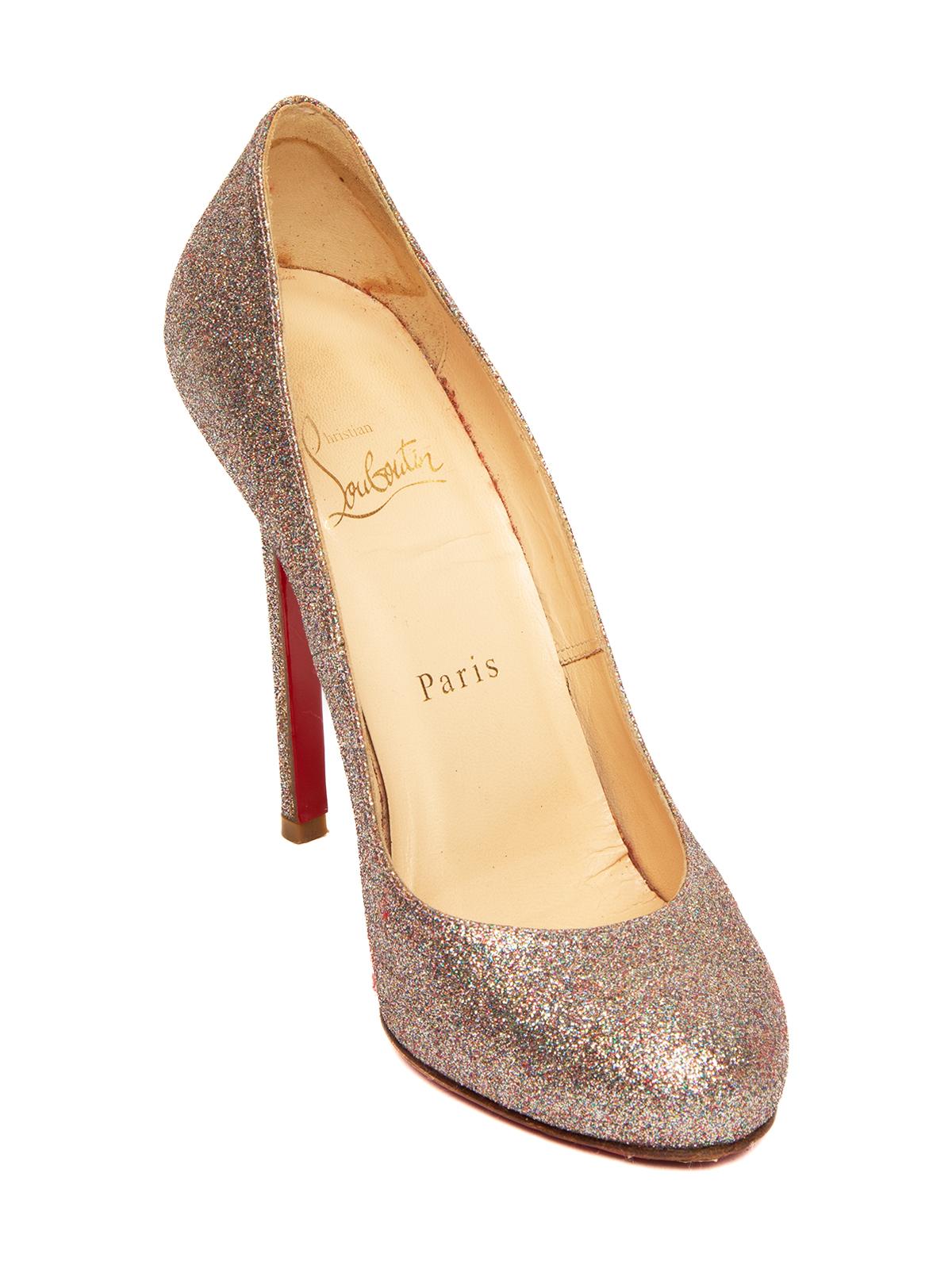 CONDITION is very good. Minimal wear to heel is evident. Some discolouration on this used Christian Louboutin designer resale item. Details Gold Material High heel Round toe Stiletto Signature used Christian Louboutin red outsoles Leather insoles