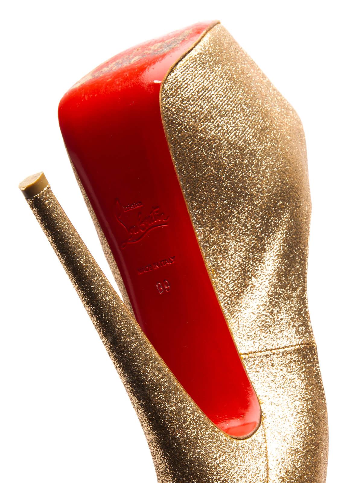 Pre-Loved Christian Louboutin Women's Peep-Toe Daffodile Glitter Heels Gold Leat In Good Condition In London, GB