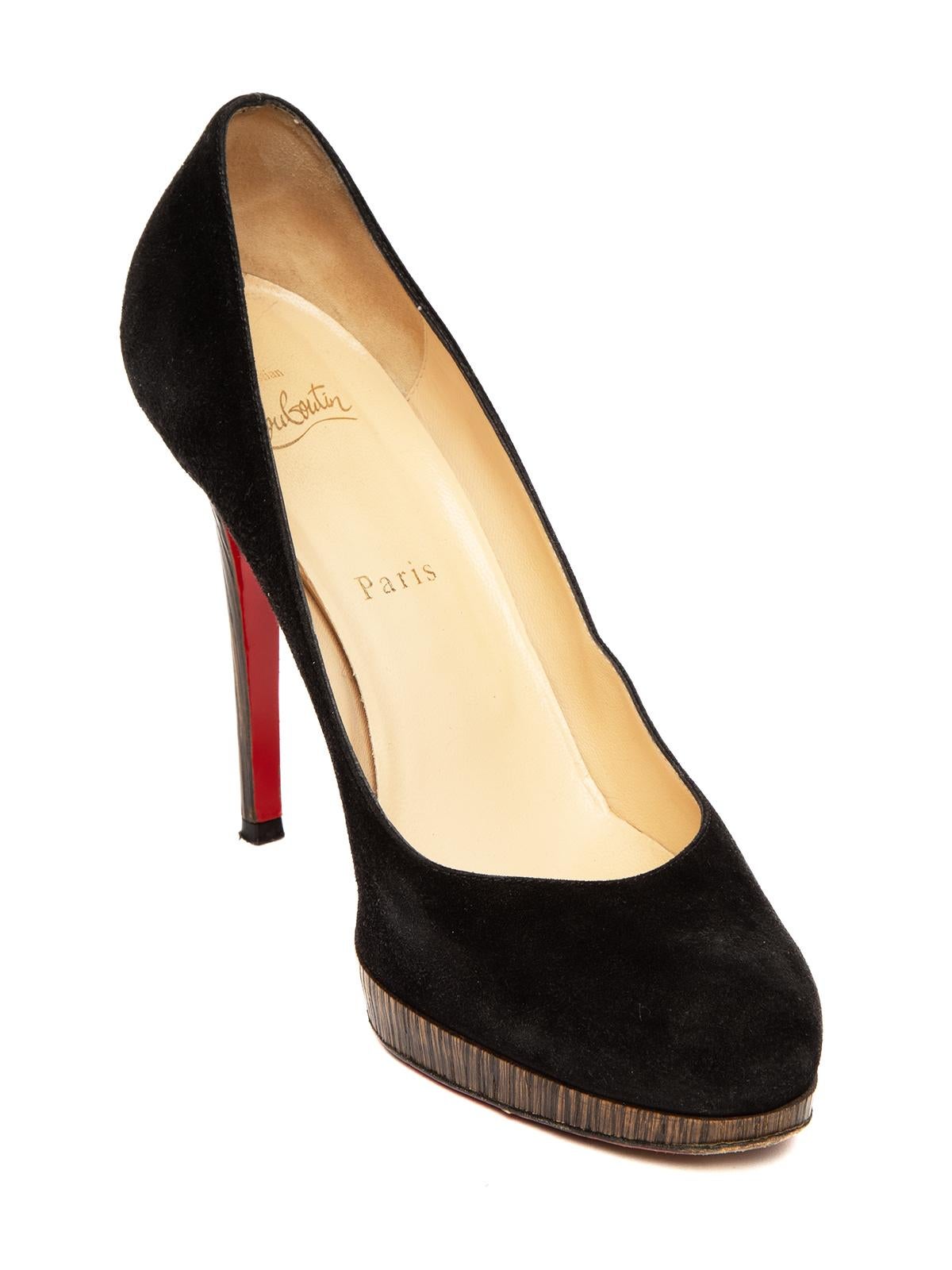 Editor’s Note Stand tall in this pair of Christian Louboutin consignment platform used designer heels. This sought after used Christian Louboutin style is set to be a welcomed new arrival in your luxury consignment collection of used Louboutin