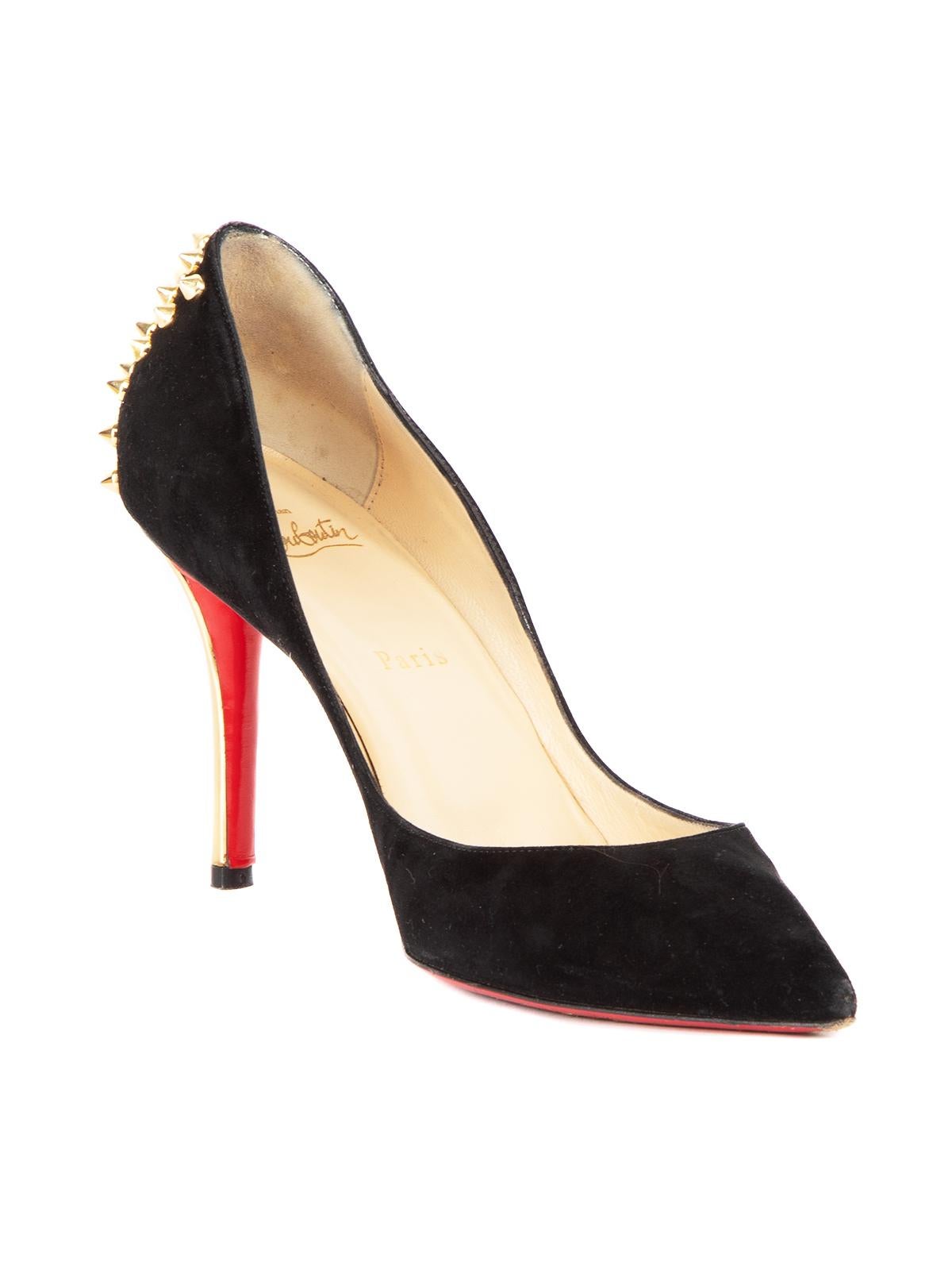 CONDITION is Very good. Minimal wear to heels is evident. Minimal scuffs to suede material seen and wear to heel stem and outsole on this used Christian Louboutin designer resale item. Details Zappa 85 Suede High heel Heel counter spikes Gold tone