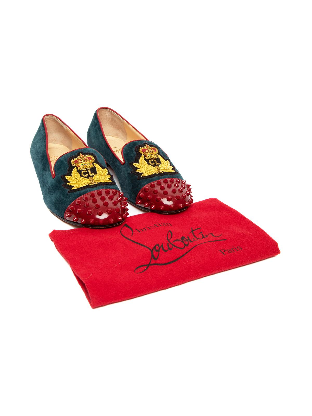 Pre-Loved Christian Louboutin Women's Velvet Loafers with Spike Embellishments  2