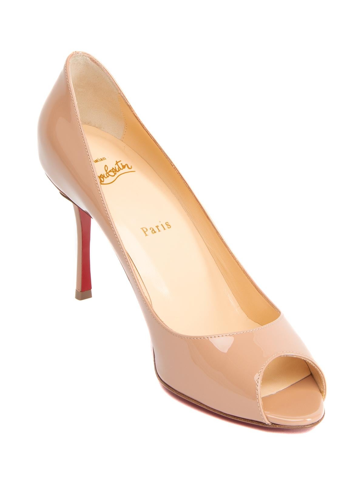 CONDITION is Very good. No visible wear to heel is evident on this used Christian Louboutin designer resale item. Details Beige Patent leather Peep-toe High heel Signature used Christian Louboutin red outsoles Leather insoles embossed with Christian