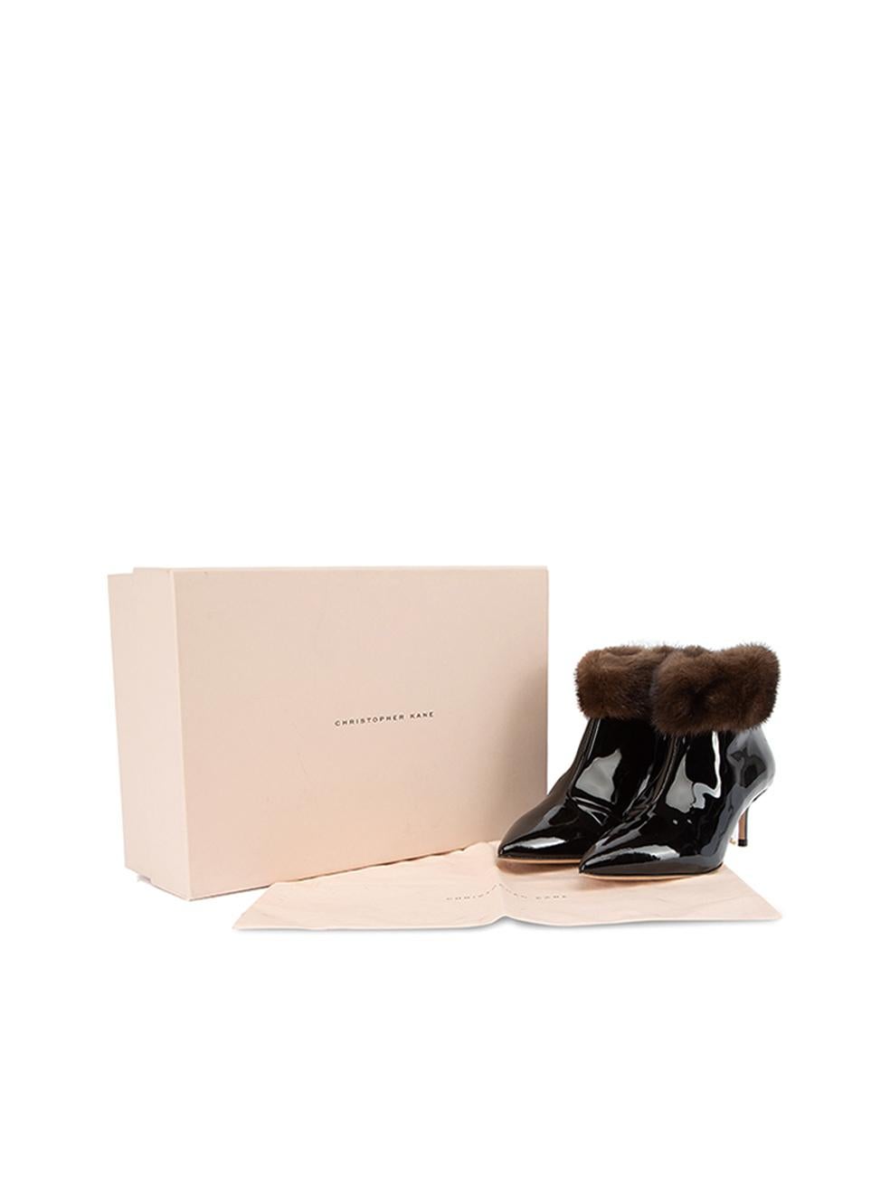 Pre-Loved Christopher Kane Women's Black Patent Leather Fur Trim Bootles In Excellent Condition In London, GB