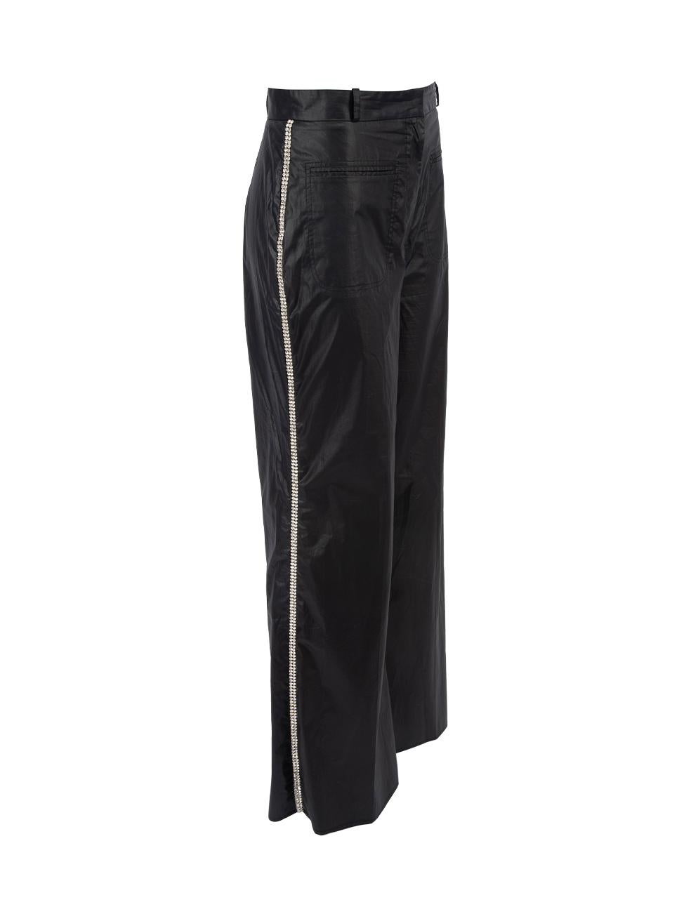 CONDITION is Very good. Hardly any visible wear to trousers is evident on this used Christopher Kane designer resale item. Details Black Cotton Trousers Wide leg High rise Diamanté detail on side seam Front zip closure with clasp 2x Front side