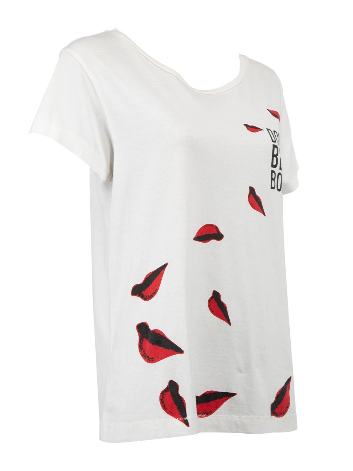 CONDITION is Very good. Minimal wear to t-shirt is evident. Minimal wear to the thread at the hemline on this used designer resale item. Details Cream Cotton Graphic T-shirt Short sleeves Round neckline Red lips and DONT BE A BORE printed on front