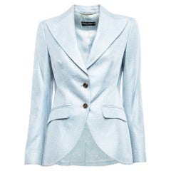 Pre-Loved Dolce &amp; Gabbana Damen Blazer aus babyblauem Seiden-Tweed mit Logo und Knopfleiste