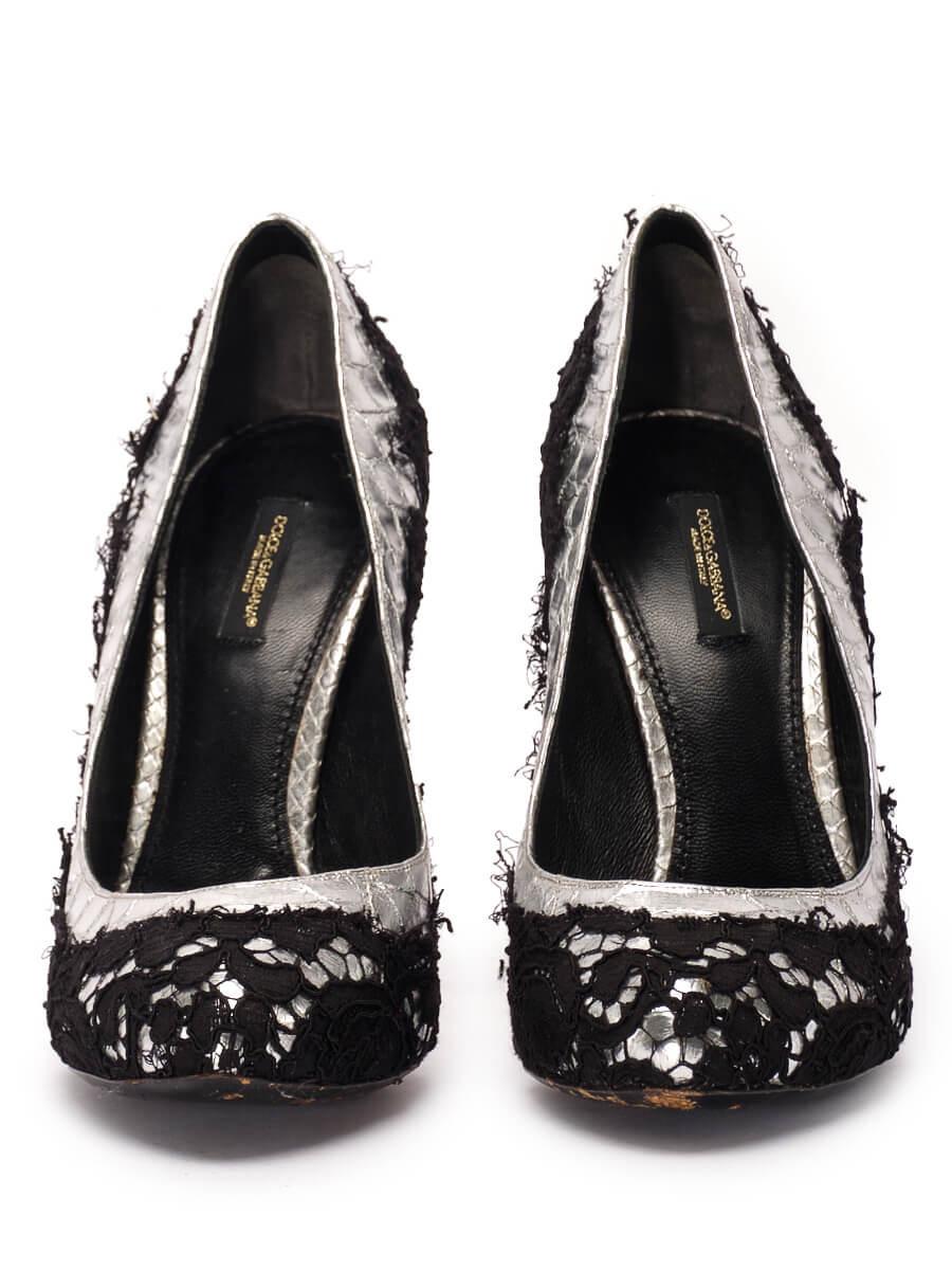 Pre-Loved Dolce & Gabbana Women's Black & Silver Croc Leather Overlay Lace Pumps In Good Condition For Sale In London, GB