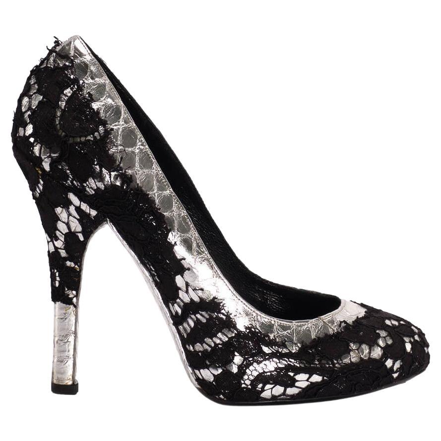 Pre-Loved Dolce & Gabbana Women's Black & Silver Croc Leather Overlay Lace Pumps For Sale