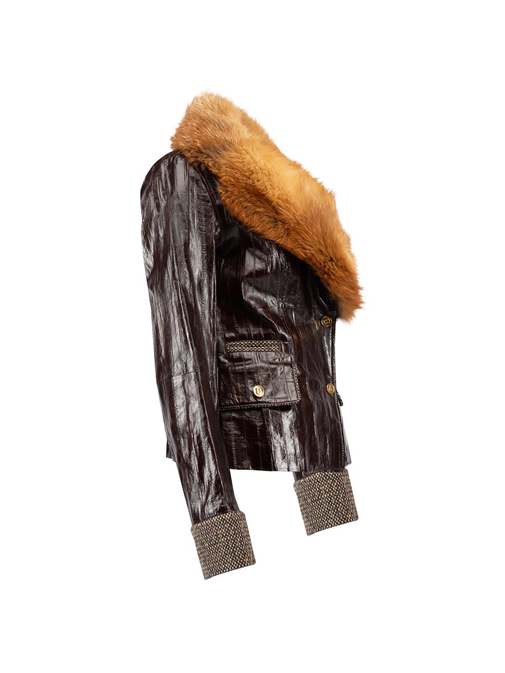 CONDITION is Very good. Minimal wear to jacket is evident. Minimal wear to the leather exterior and a loose thread can be seen on this used Dolce & Gabbana designer resale item. Details Brown Eel leather Fitted jacket Tweed cuffs Fox fur collar
