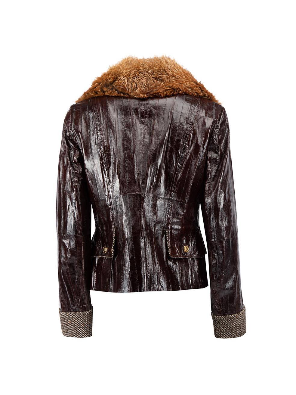 Pre-Loved Dolce & Gabbana Women's Brown Eel Leather Fox Fur Collar Jacket In Excellent Condition In London, GB