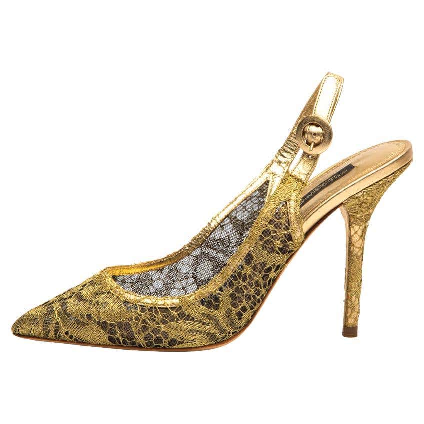 Dolce and Gabbana Gold Floral Lace Pumps Shoes Low Heels With Jewels ...