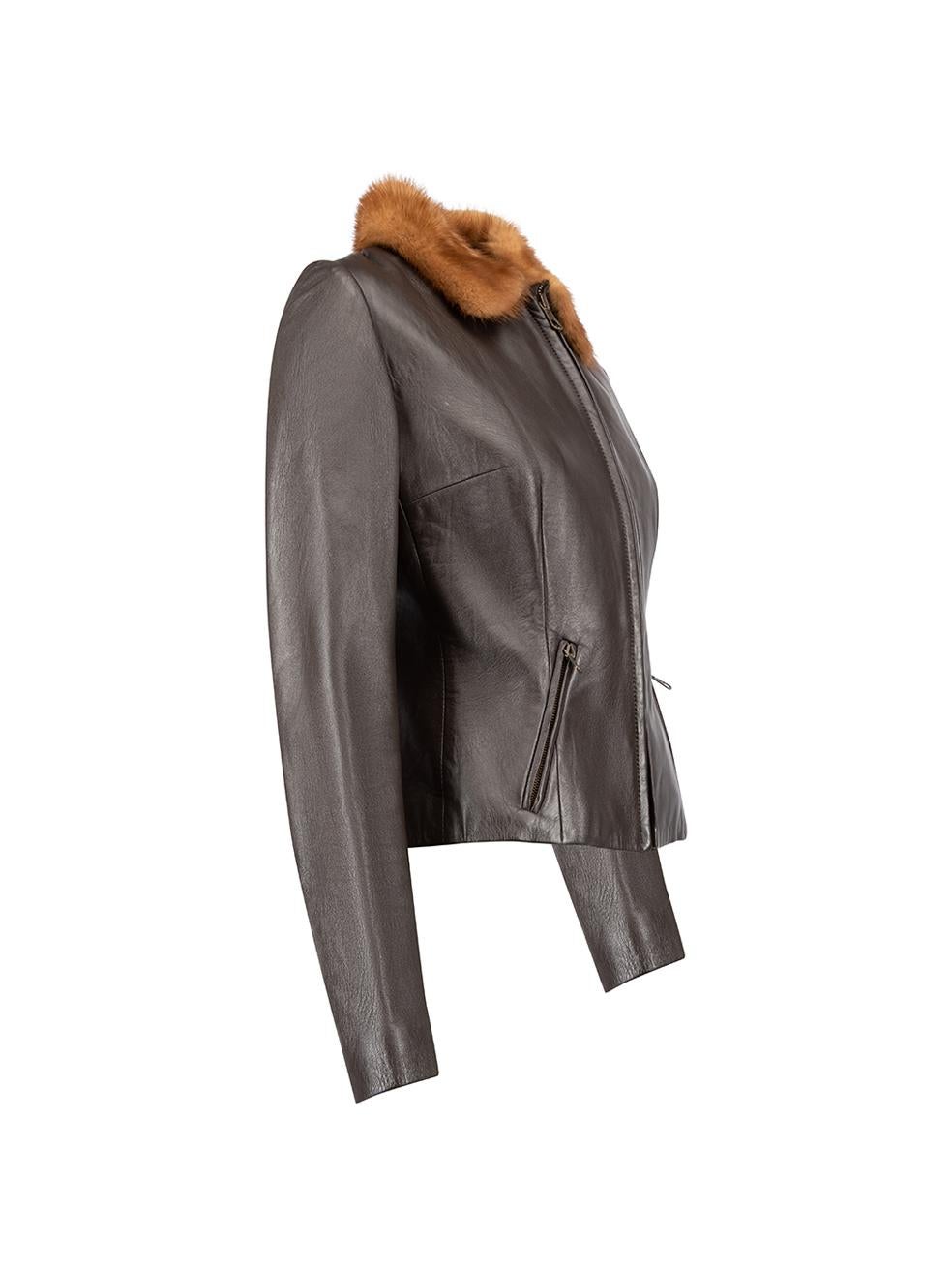CONDITION is Very good. Minimal wear to jacket is evident. Minimal wear and creasing to the outer leather fabric on this used Dolce & Gabbana designer resale item. Details Brown Leather Track jacket Fox fur collar Front zip closure Front zipped