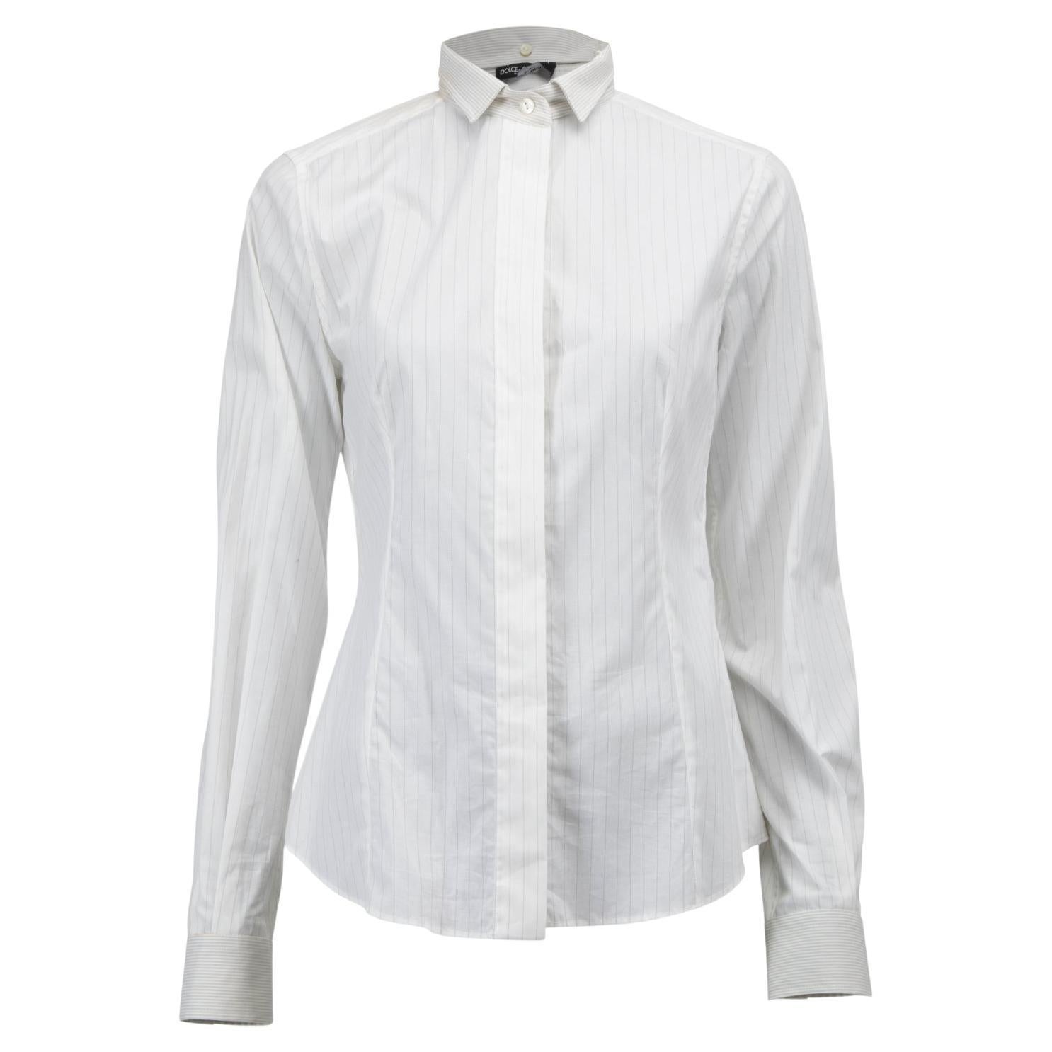 Pre-Loved Dolce & Gabbana Women's White Striped Cotton Shirt with Detachable For Sale