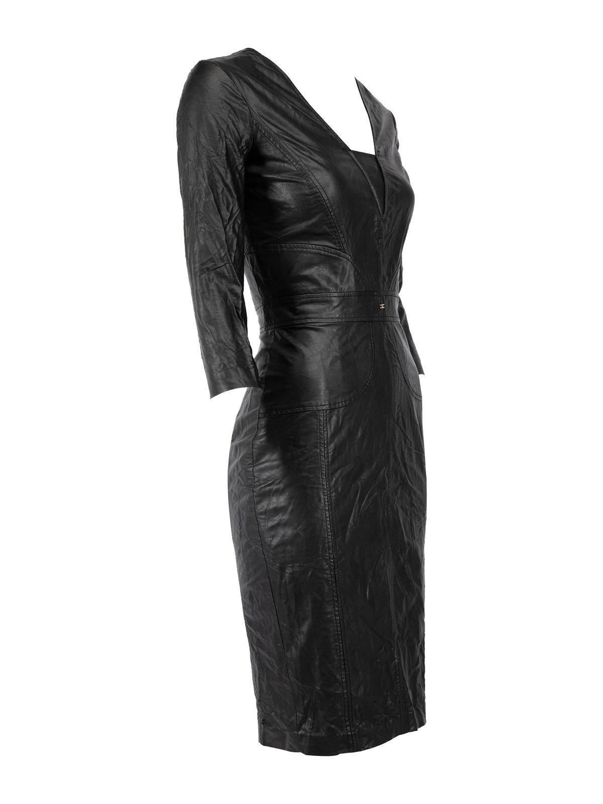 CONDITION is Very good. Minimal wear to dress is evident. Loose threads at the back slit seams and some wear/ early signs of leather fabric peeling in some areas on this used Elisabetta Franchi designer resale item. Details Black Viscose with