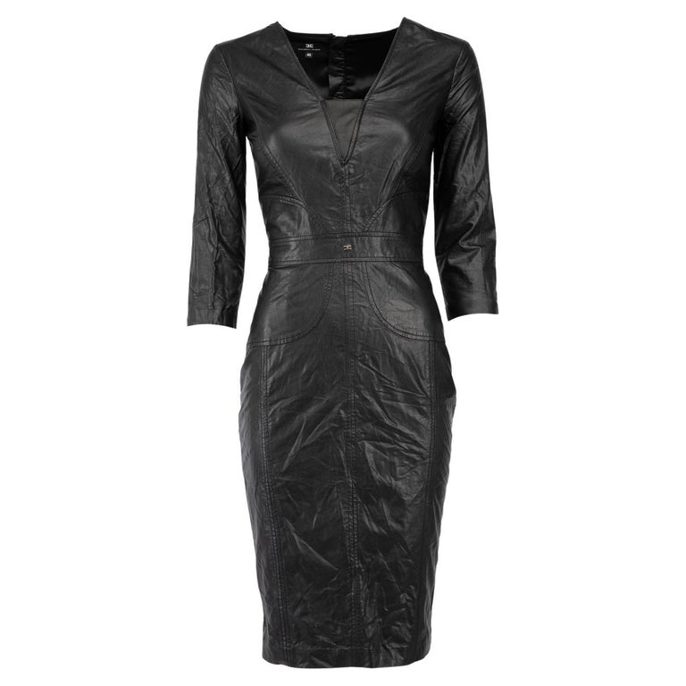 Pre-Loved Elisabetta Franchi Women's Black Knee Length Faux Leather Dress For Sale