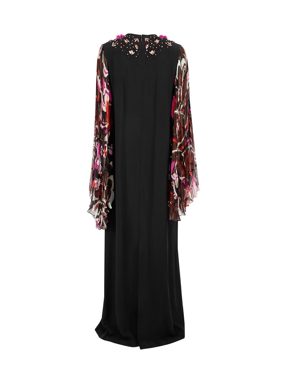 Pre-Loved Emilio Pucci Women's Beaded Black Silk Maxi Dress with Patterned Sleev In Excellent Condition In London, GB