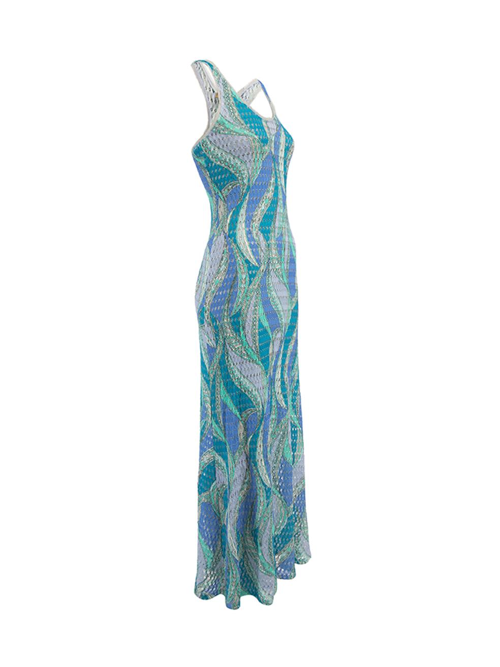 CONDITION is Very good. Hardly any visible wear to dress is evident on this used Emillio Pucci designer resale item. Details Blue tone and turquoise Synthetic Maxi dress Abstract and hollow holes pattern Scoop front neckline T back neckline