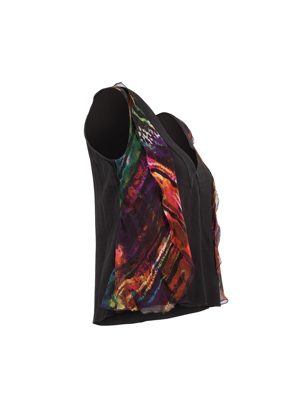 CONDITION is Very good. Minimal wear to blouse is evident. Stain on the front of the blouse is seen on this used Erdem designer resale item. Details Black and multicolour Synthetic Sleeveless blouse V neckline Watercolour patterned ruffles panel on