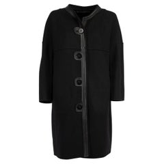 Pre-Loved Ermanno Scervino Women's Black Button Up Wool Coat Faux Leather Trim.